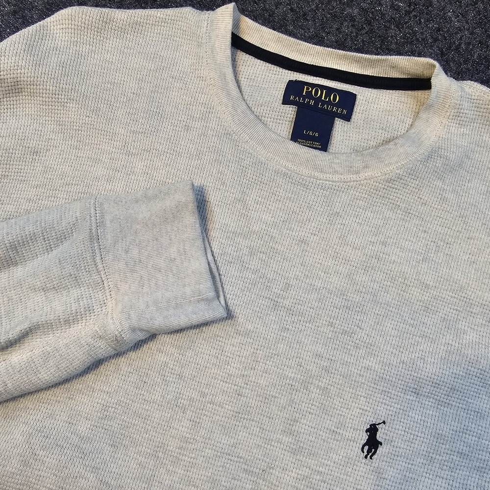 Polo Ralph Lauren Mens Large Gray Thermal Waffle Knit Long Sleeve Crew Shirt